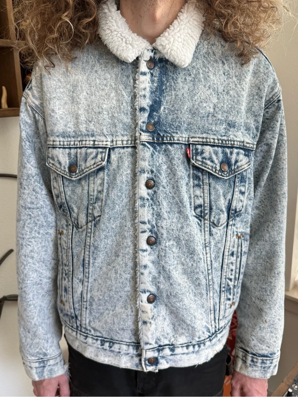 Vintage 80s Levis Sherpa Lined Denim Jacket Type III Acid Wash ~ Size XL